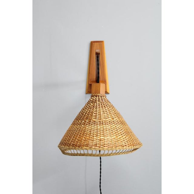 Mid-Century Adjustable Wooden Wall Light with Rattan Shade, 1970s For Sale - Image 3 of 13