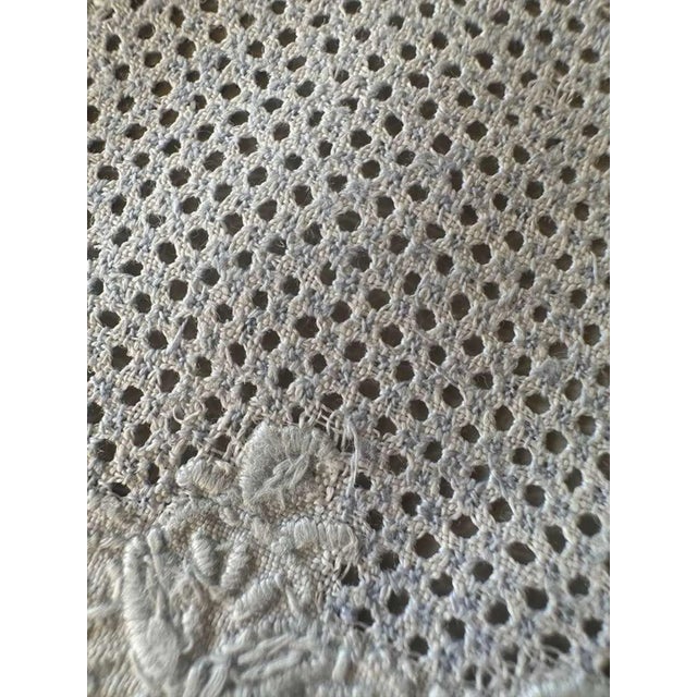 Textile Vintage Heirloom Linen Guest Towel with Hand Drawn Thread Medallion and Blue Embroidery, Single European Fingertip Towel For Sale - Image 7 of 10