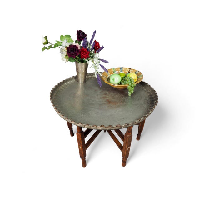 Wood Oriental Islamic Engraved Copper Table Tray, 1930s For Sale - Image 7 of 18