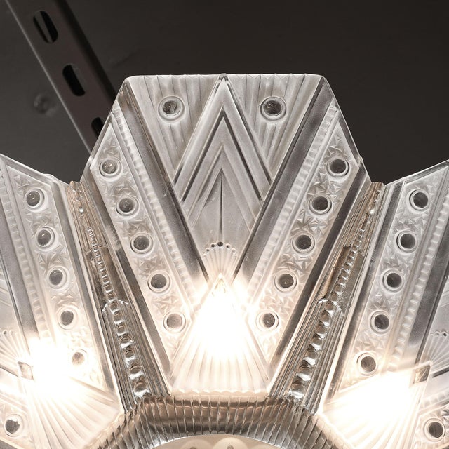 Art Deco Frosted Glass Cubist Geometric Detail & Fluted Chandelier Signed Leleu For Sale - Image 18 of 18