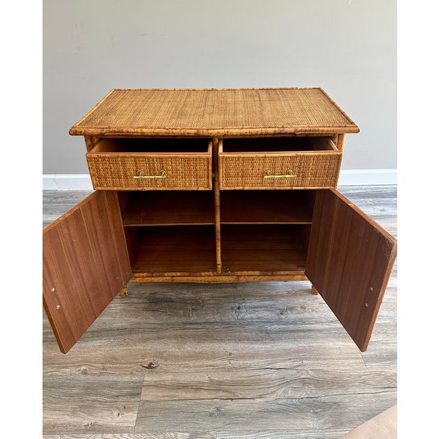 Wood Vintage MCM Bamboo Rattan Woven Wicker Cabinet For Sale - Image 7 of 12