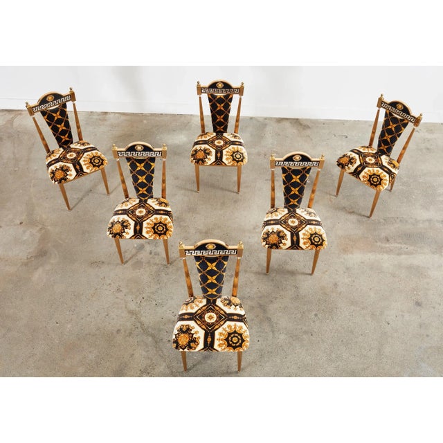 Neoclassical Set of Six Neoclassical Style Gilt Dining Chairs After Versace For Sale - Image 3 of 13