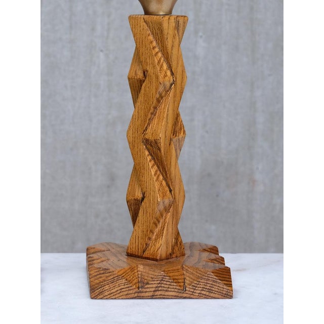 French Art Deco Geometric Oak Table Lamp with Linen Shade, Late 1930s For Sale - Image 3 of 14