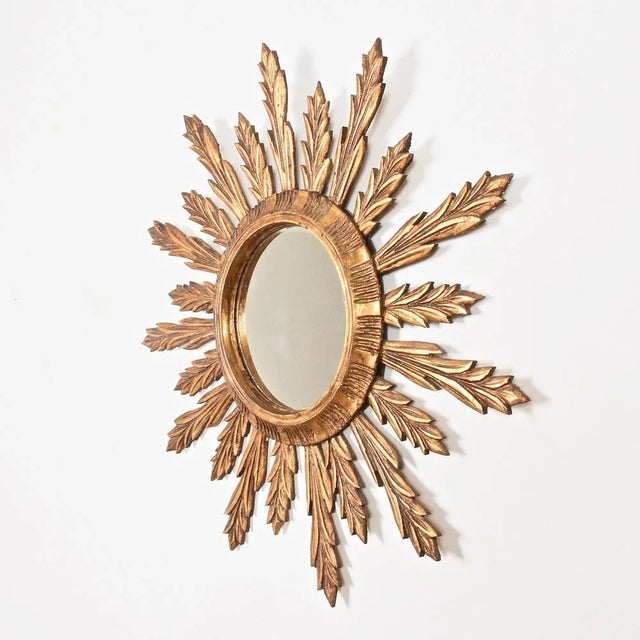1950s Mid-Century French Modern Gilded Wood Sunburst Wall Mirror, 1950s For Sale - Image 5 of 13