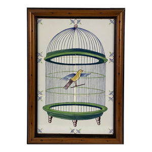 Delft Bird in Cage Tile Mural, Framed