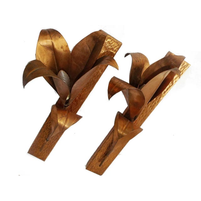 Mid-Century Modern Mid Century Modern C1970's Brutalist Hand Hammered Copper Lilly Form Sconces Attrib. Tommaso Barbi - a Pair For Sale - Image 3 of 8