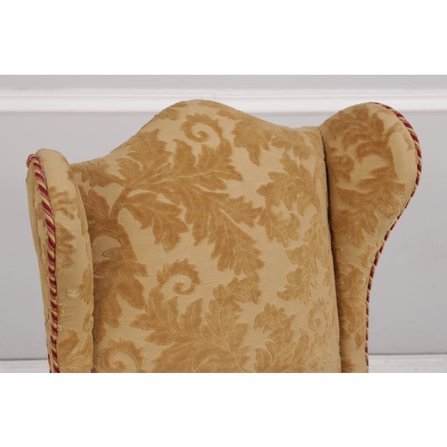 Brown Pair French Oak Carved Wing Back Damask Chairs For Sale - Image 8 of 18