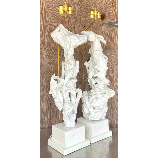 Boho Chic Vintage Boho Monumental Painted Driftwood Table Lamps - a Pair For Sale - Image 3 of 7