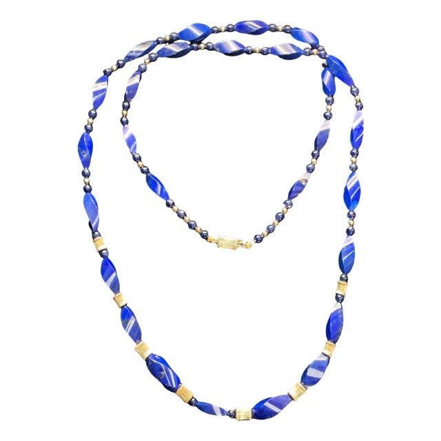 Mid 20th Century Lapis Lazuli Beaded Necklace With 14k Gold Accents 28 Inches For Sale