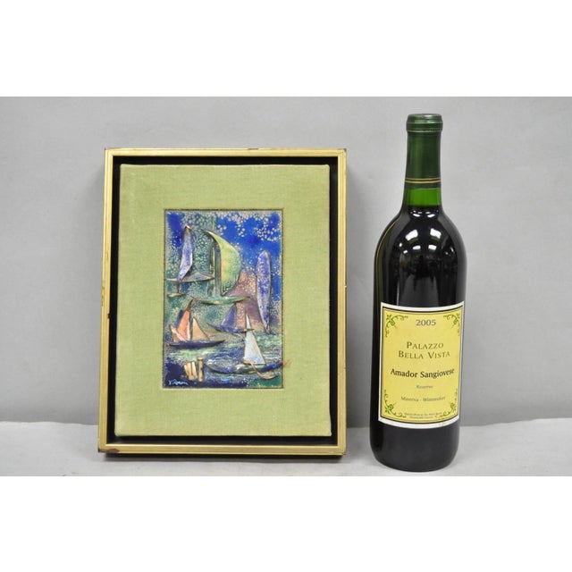 Vintage Mid Centuy Modern Brutalist Enameled Copper Clipper Ship Art Painting by M. Rosen. Circa Mid 20th Century....