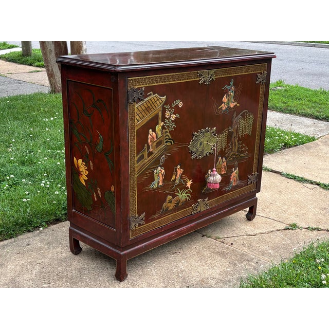Antique Asian Oxblood Red Cabinet With Green Interior For Sale - Image 4 of 18