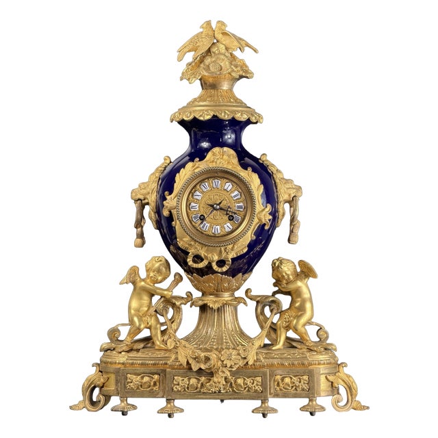 Antique Napoleon III Mantel Clock in Bleu De Sèvres Porcelain and Chased Ormolu, 1865 For Sale