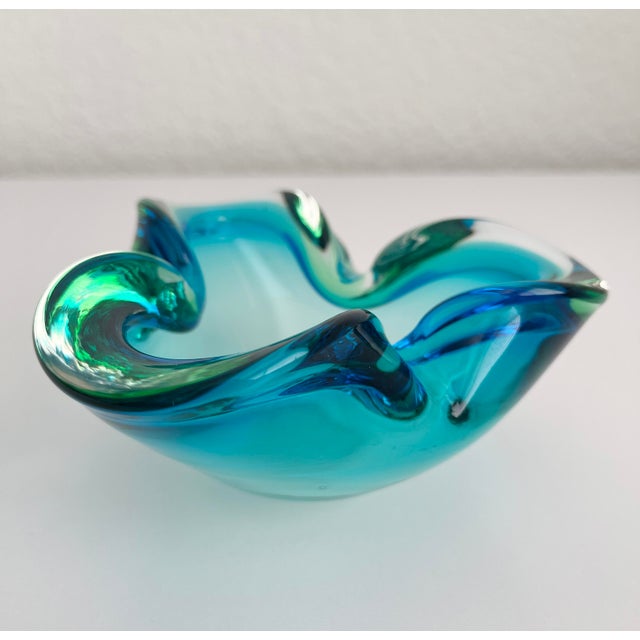 Flavio Poli 1960s Murano Style Blue Green Glass Ashtray Catchall Art Glass Bowl For Sale - Image 4 of 11