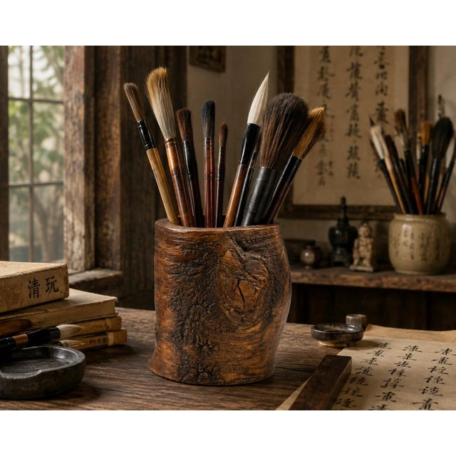 Contemporary Antique Whole Root Solid Wood Brush Pot Vase Jar 15.75 Lb For Sale - Image 3 of 17