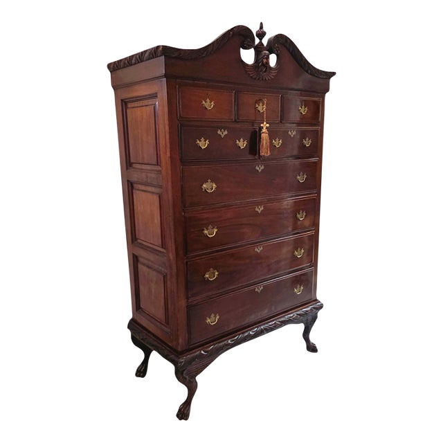 Antique Late 19th Century Colonial Revival Chippendale-Style Mahogany High Chest W/Raised Paneled Sides For Sale