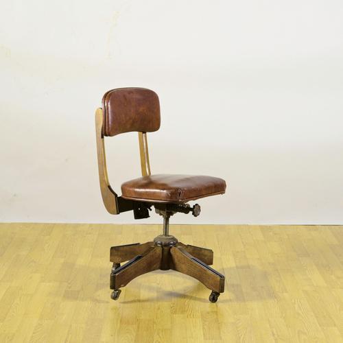 Vintage Swivel Office Chair in Wood and Tan Leather, 1900s For Sale - Image 3 of 9