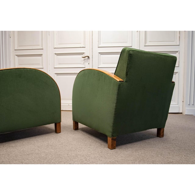 Vintage Green Velvet Lounge Chairs with Wooden Arm Overlays, Sweden, 1930, Set of 2 For Sale - Image 3 of 15