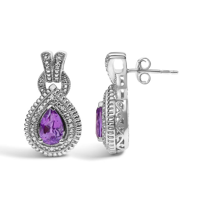Haus of Brilliance Sterling Silver Pear Cut Amethyst and Diamond Accent Teardrop Stud Earrings, Pair For Sale - Image 4 of 4