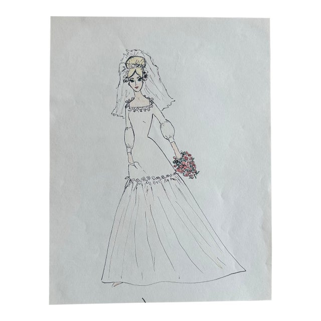 “Vintage Bridal Gown Sketch – Classic Veil & Bouquet Study” For Sale
