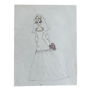 “Vintage Bridal Gown Sketch – Classic Veil & Bouquet Study”