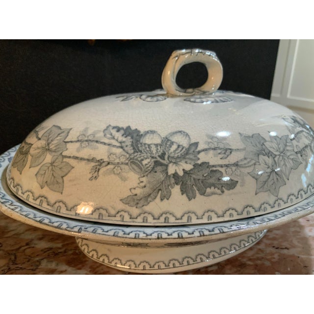 Late 19th Century English Antique Blue & White Tureen / Covered Dish With Crackle Glaze and Lovely Ribbon & Acorn Motifs for Cottage Core & Collectors - See Pics! For Sale - Image 5 of 10