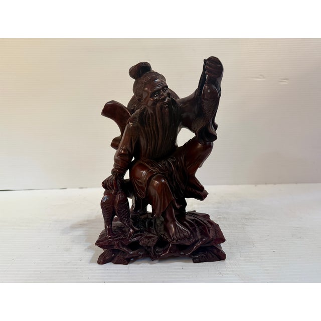 Antique Chinese Wood Carved Fisherman Statue For Sale - Image 9 of 10