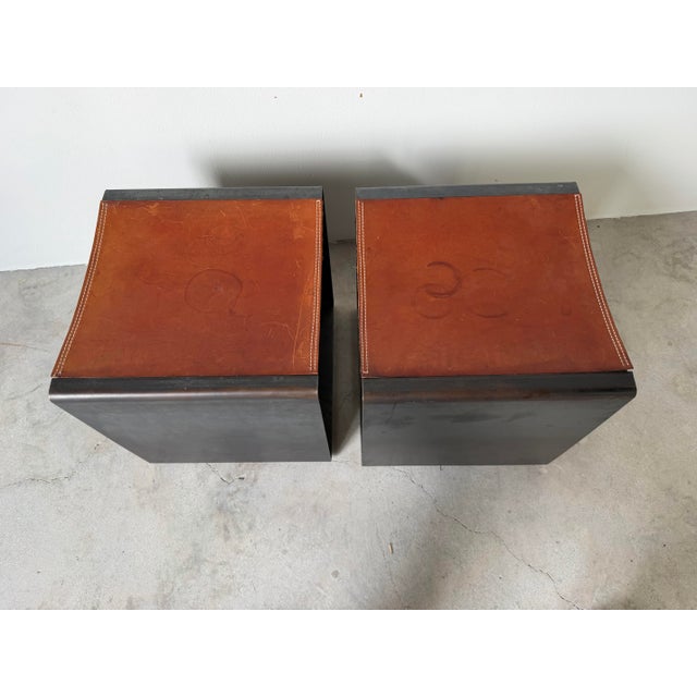 Vintage Postmodern Steel & Saddle Leather Cube Ottomans – A Pair/ Sold For Sale - Image 9 of 12