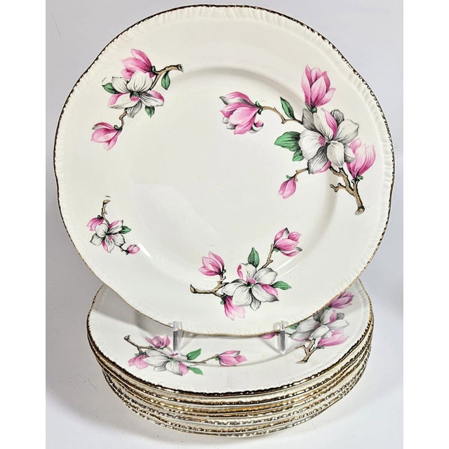 Mid 20th Century Gold Rimmed Pink Dogwood China Plates- Set of Eight For Sale - Image 5 of 13