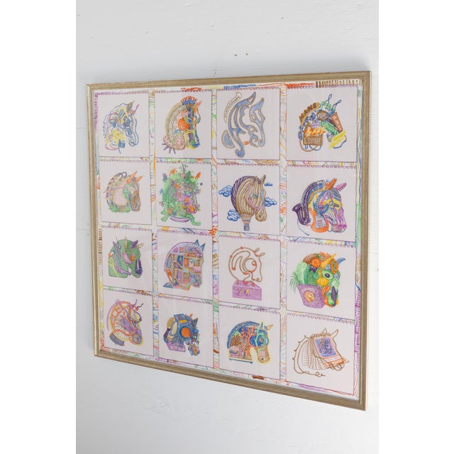 A striking and whimsical presentation of iconic Hermès design, this framed Chevaloscope silk scarf transforms a...