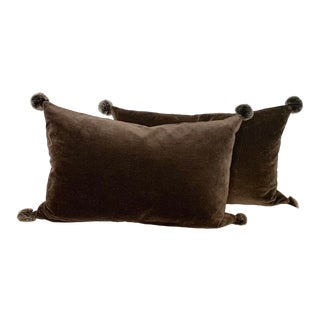 Large Brown Velvet Pillows With Rabbit Luxury Custom Brown Velvet Pillows With Fur Pompon Accenting and Feather Fillers - Set of 2 For Sale