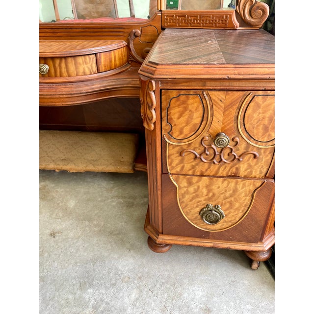Vintage Walnut Vanity with Triple Mirror & Matching Reupholstered Chair that is a huge unique statement piece! I love the...