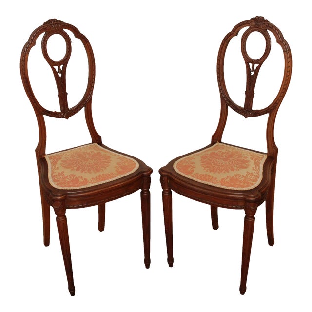Antique Edwardian Period Carved Walnut Side Chairs - A Pair For Sale