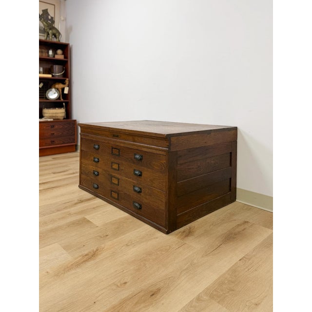 Rustic Antique Hamilton Printing Cabinet, Four Drawer Dark Oak Wood Dresser Collectable For Sale - Image 3 of 9