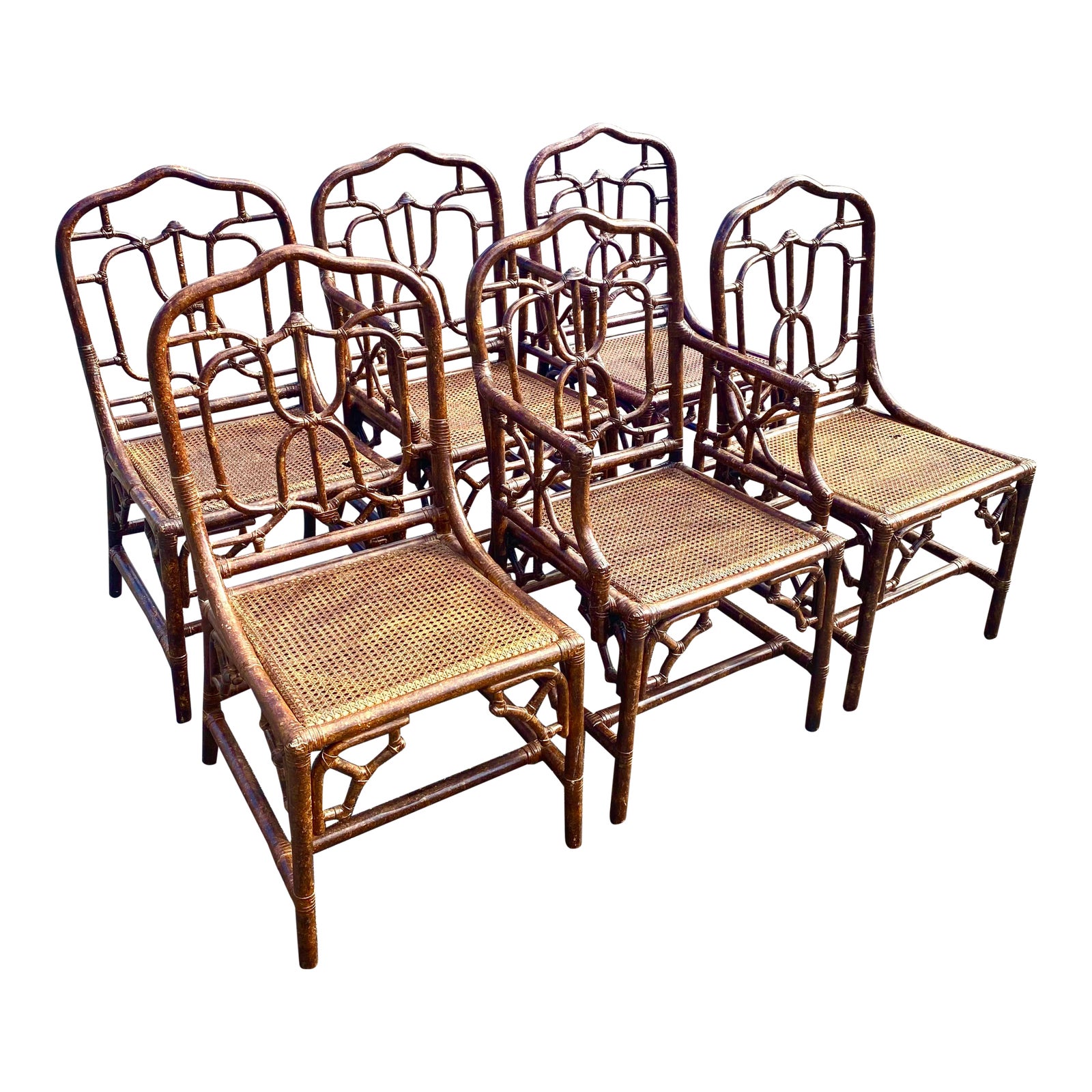 Vintage Coastal Fretwork Bamboo Dining Chairs After Maitland Smith
