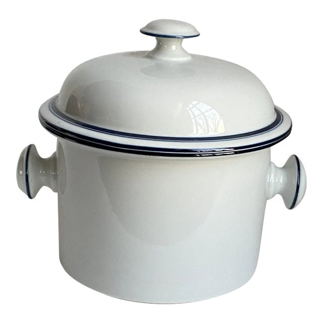 1980s Dansk Bistro Christianshavn Blue Round Lidded Casserole White With Blue Band For Sale