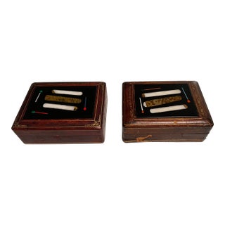 Pair, Italian Tooled Leather & Pietra Dura "Cigar" Motif Tobacco Boxes For Sale
