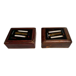 Pair, Italian Tooled Leather & Pietra Dura "Cigar" Motif Tobacco Boxes