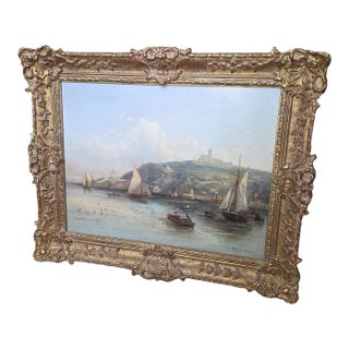 Antique Harbour Painting by Crouse For Sale