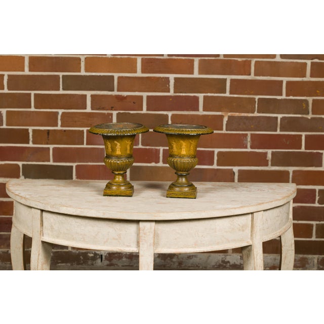 Gold Early 20th Century Pair of Neoclassical Style Iron Planters with Liners and Mythological Figures For Sale - Image 8 of 12