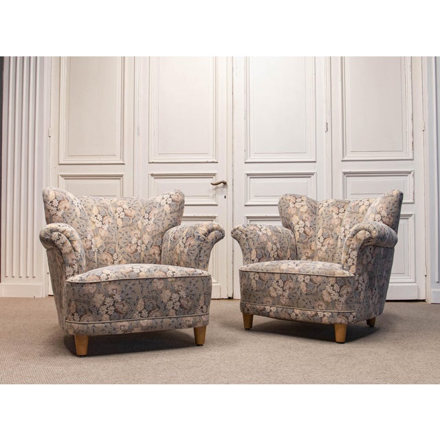 Vintage Danish Wingback Chairs with Jacquard Fabric, 1940s, Set of 2 For Sale - Image 16 of 16