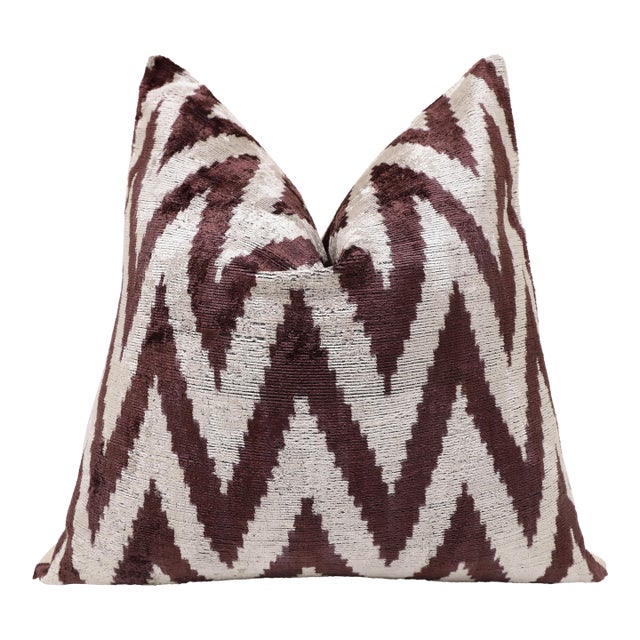 Deep Wine & Silver Chevron Velvet Pillow - 20" X 20" For Sale