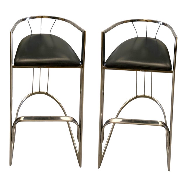 1970s Leather and Chrome Modern Style Bar Stools- Set of 2 For Sale