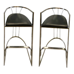 1970s Leather and Chrome Modern Style Bar Stools- Set of 2