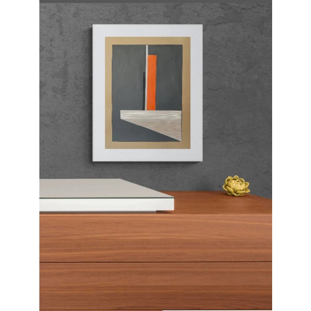 This unique piece by Sarah Vaaler features parallel color pencil lines in orange, light gray, beige and white on a...