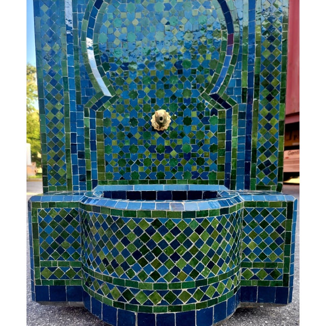 Large 2 Color Tamegroute Green and Petrol Blue Moroccan Mosaic Tile Fountain For Sale In Orlando - Image 6 of 9