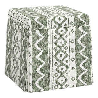 Dyer Skirted Storage Ottoman in Linny Ikat Sage For Sale