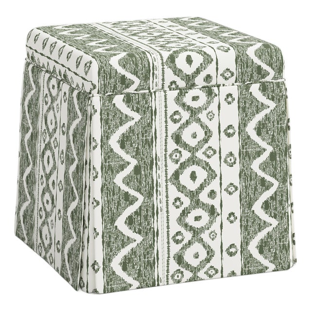 Dyer Skirted Storage Ottoman in Linny Ikat Sage For Sale
