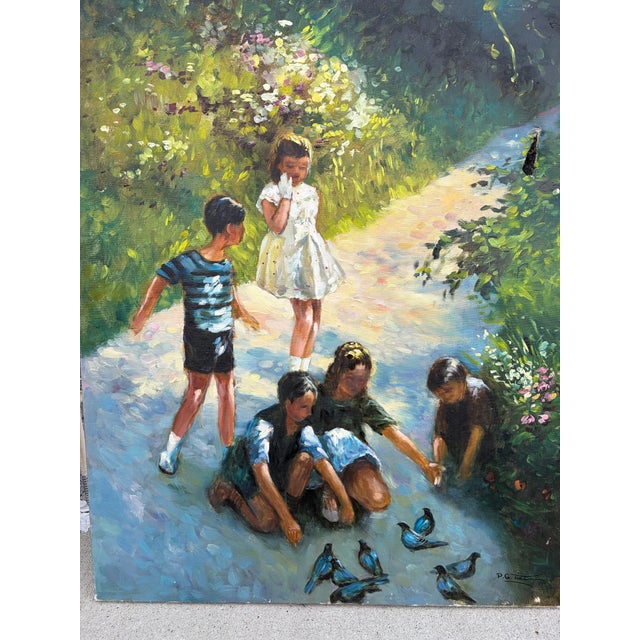 Impressionist Vintage p.g. Tiele Signed Impressionist Oil Painting of Children Feeding Birds For Sale - Image 3 of 7