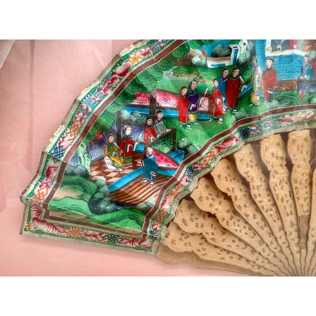 Chinese 19th Century Chinese Export Fan With Finely Pierced Boxwood Sticks and Hand-Painted Scene, Framed For Sale - Image 3 of 9