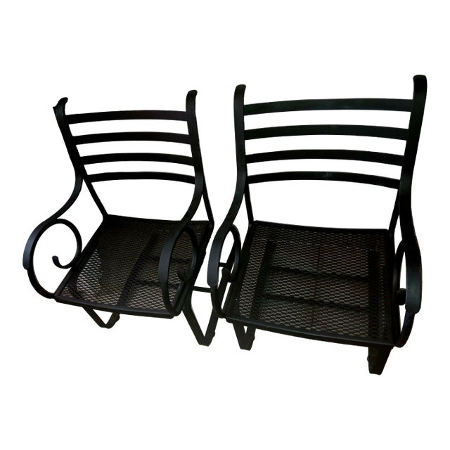 Vintage Woodard Style Wrought Iron Swirl Arm Spring Action Chairs - A Pair For Sale